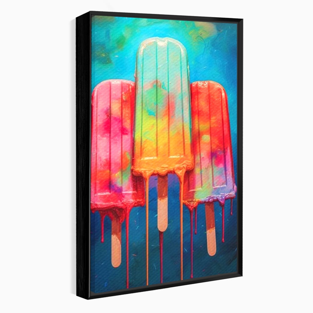 Tablou canvas cu pictura digitala cu trei inghetate pe bat colorate, in rama de aluminiu negru
